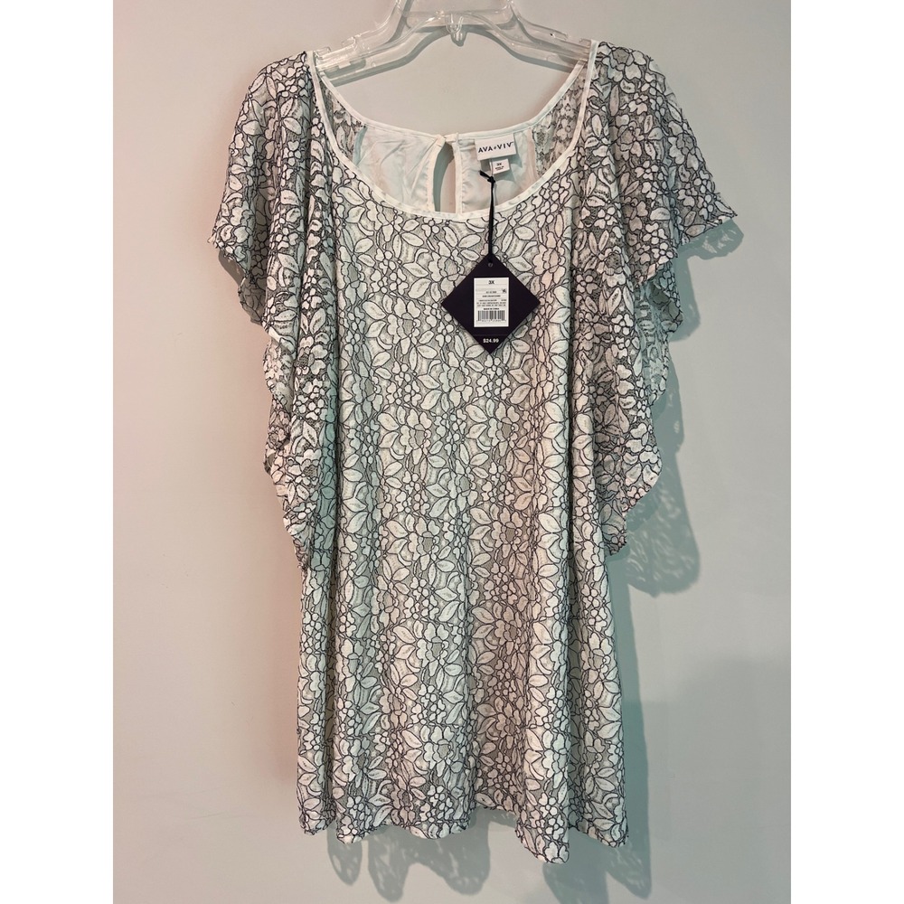 Ava & Viv Womens 3X Floral Lace Flutter Sleeve Blouse Sour Cream White Black NWT